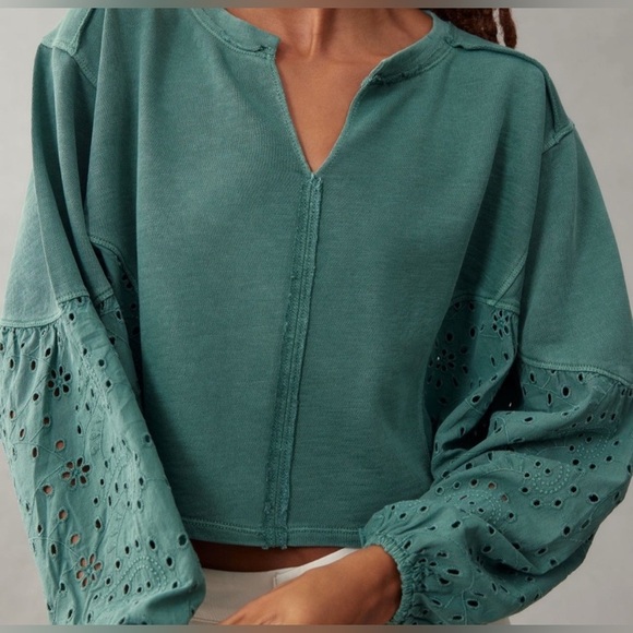 Anthropologie Pilcro Batwing Eyelet Top Medium Sage Green Cropped EUC - Picture 2 of 12